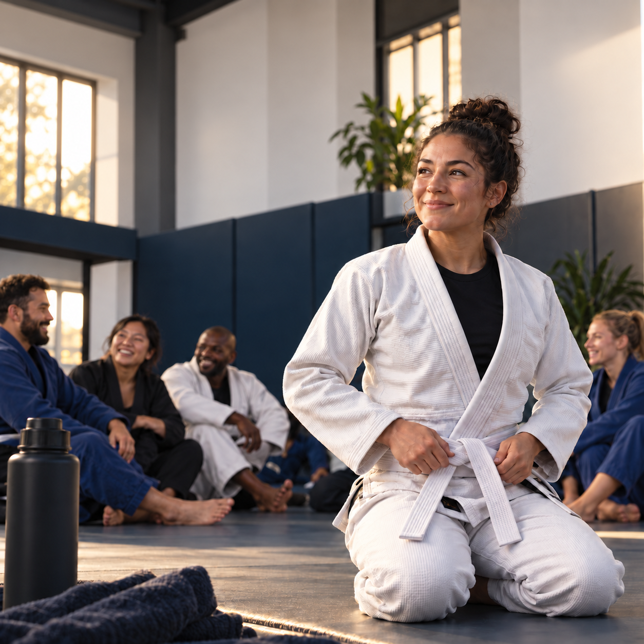 A jiu-jitsu practitioner with teammates at a welcoming academy